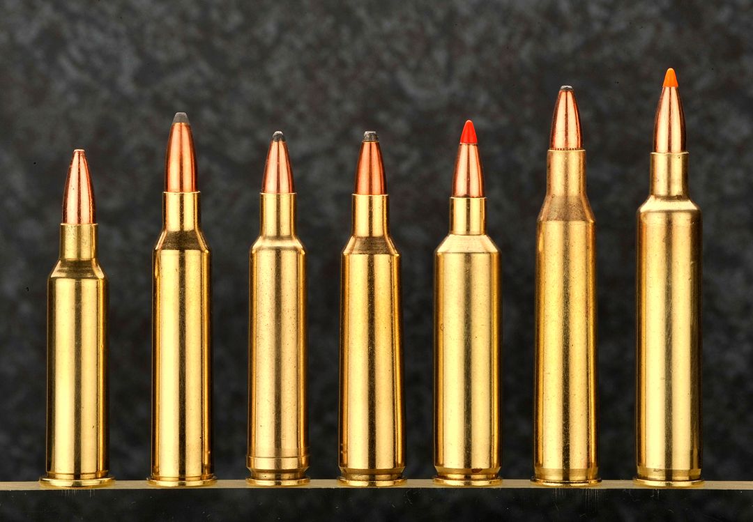 Some varmint cartridges to consider the .220 Swift included from left to right; .219 Donaldson Wasp, .225 Winchester, .224 Weatherby Magnum, .22/250 Remington, .22/250 Remington Ackley Improved, .220 Swift and the .220 Weatherby Rocket.